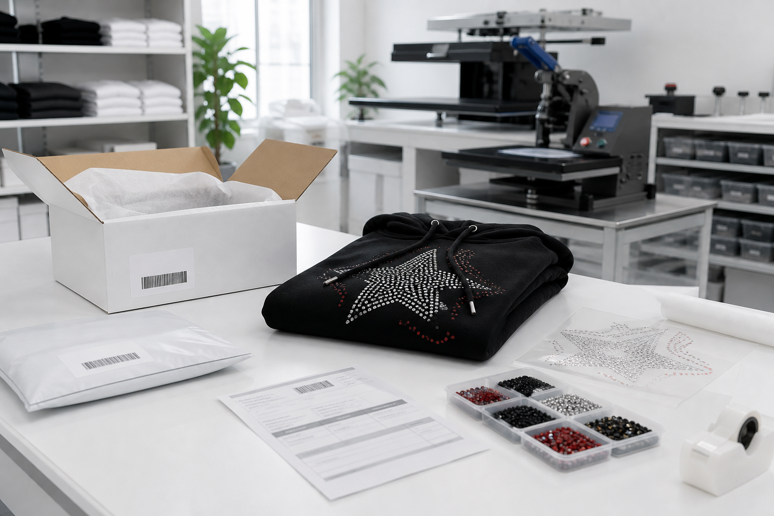 Rhinestone hoodie prepared for packing and fulfillment
